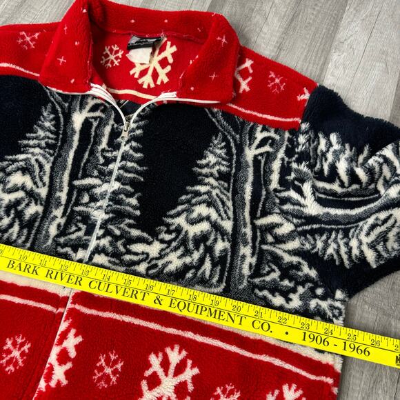 Vintage 90s Fleece Bomber Jacket Winter Landscape Tree Snowflake Red XL - Picture 8 of 8